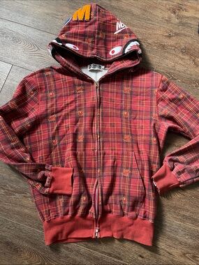 ABathing Ape Graphic Red Plaid Full-Zip Hoodie Sweater